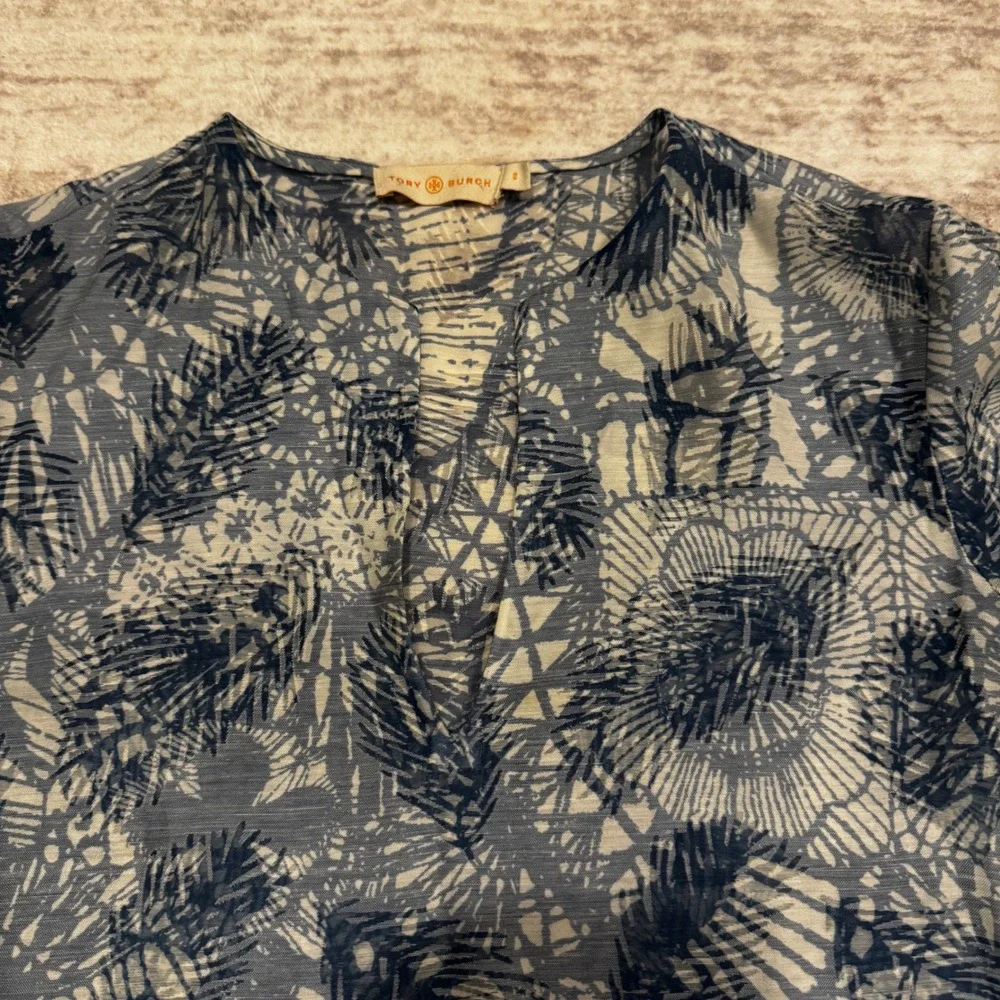 Tory Burch Blue White Abstract Botanical Print Long Sleeve Tunic Top Size 0